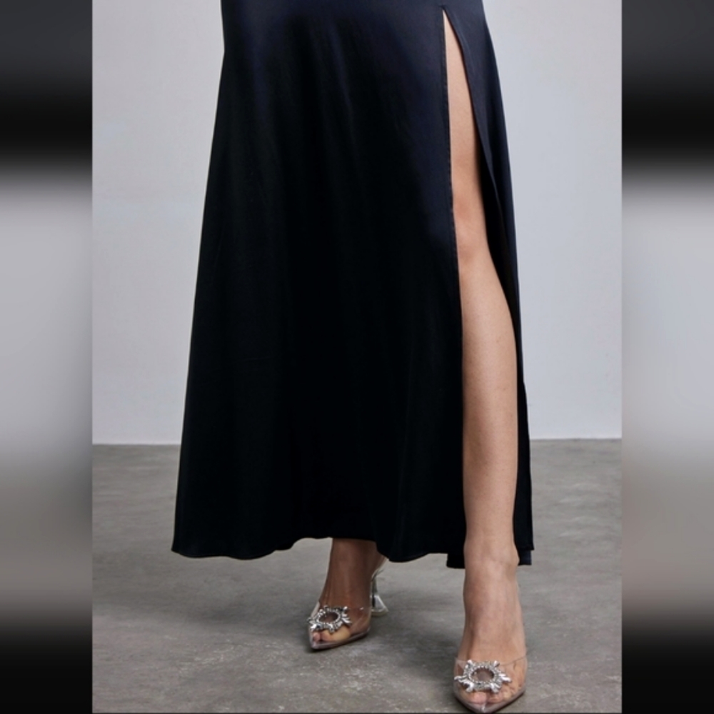 One-Shoulder Navy Satin Evening Gown - Picture 4 of 10